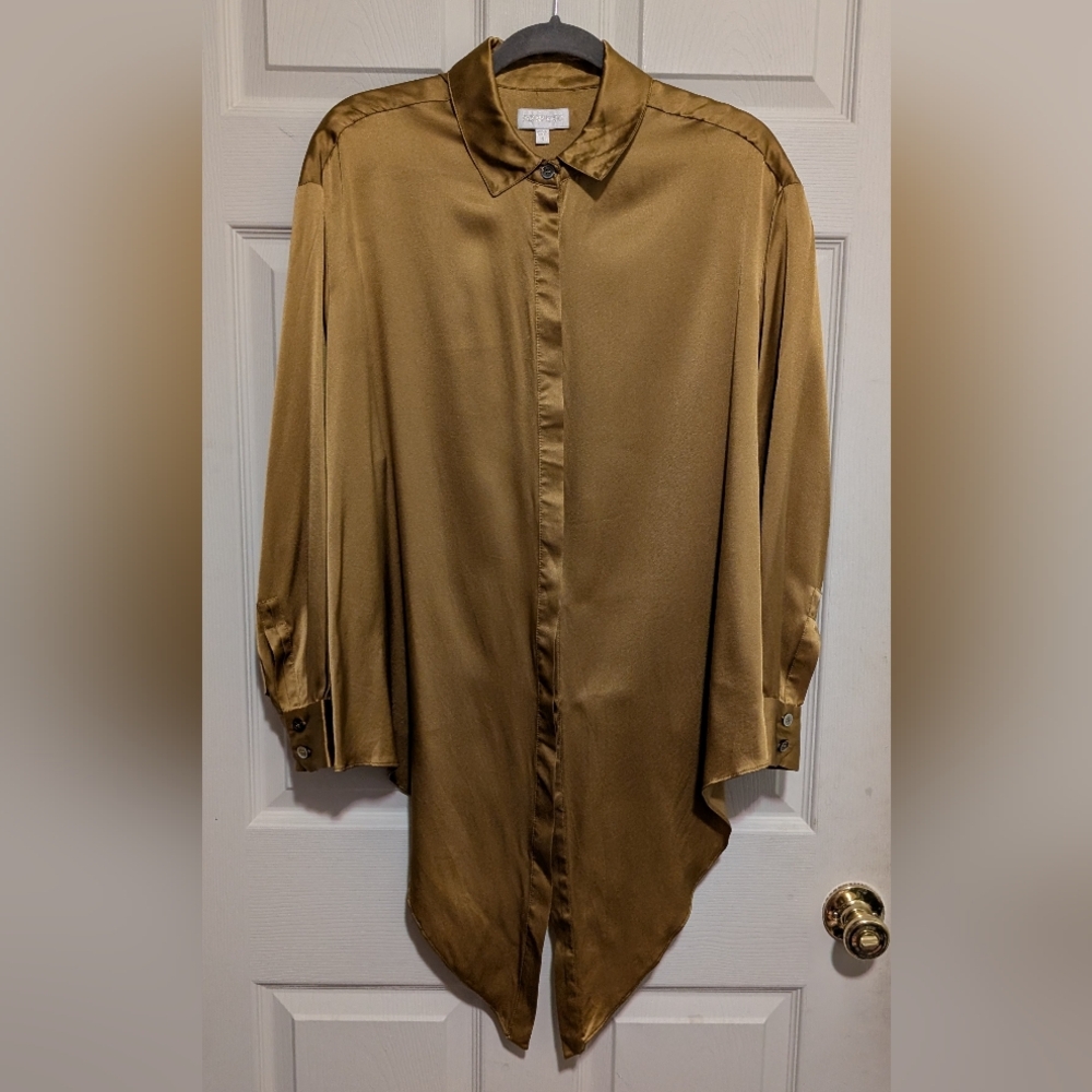 Ronny Kobo Silk Blouse S Gold Bronze Button Down Dressy Satin Oversized